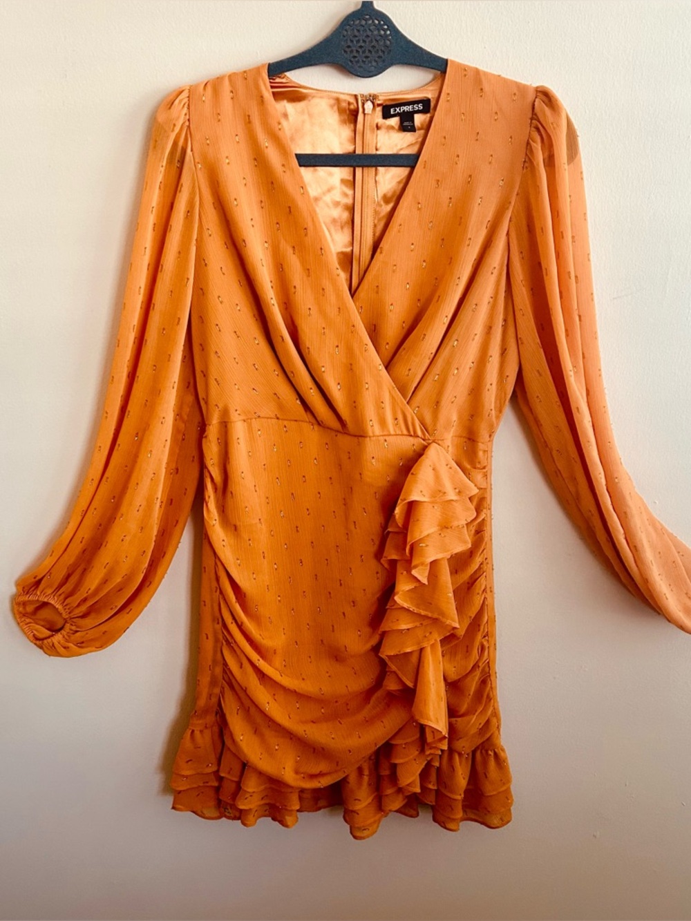 Express Long Sleeve Orange Ruffle Wrap Mini Dress